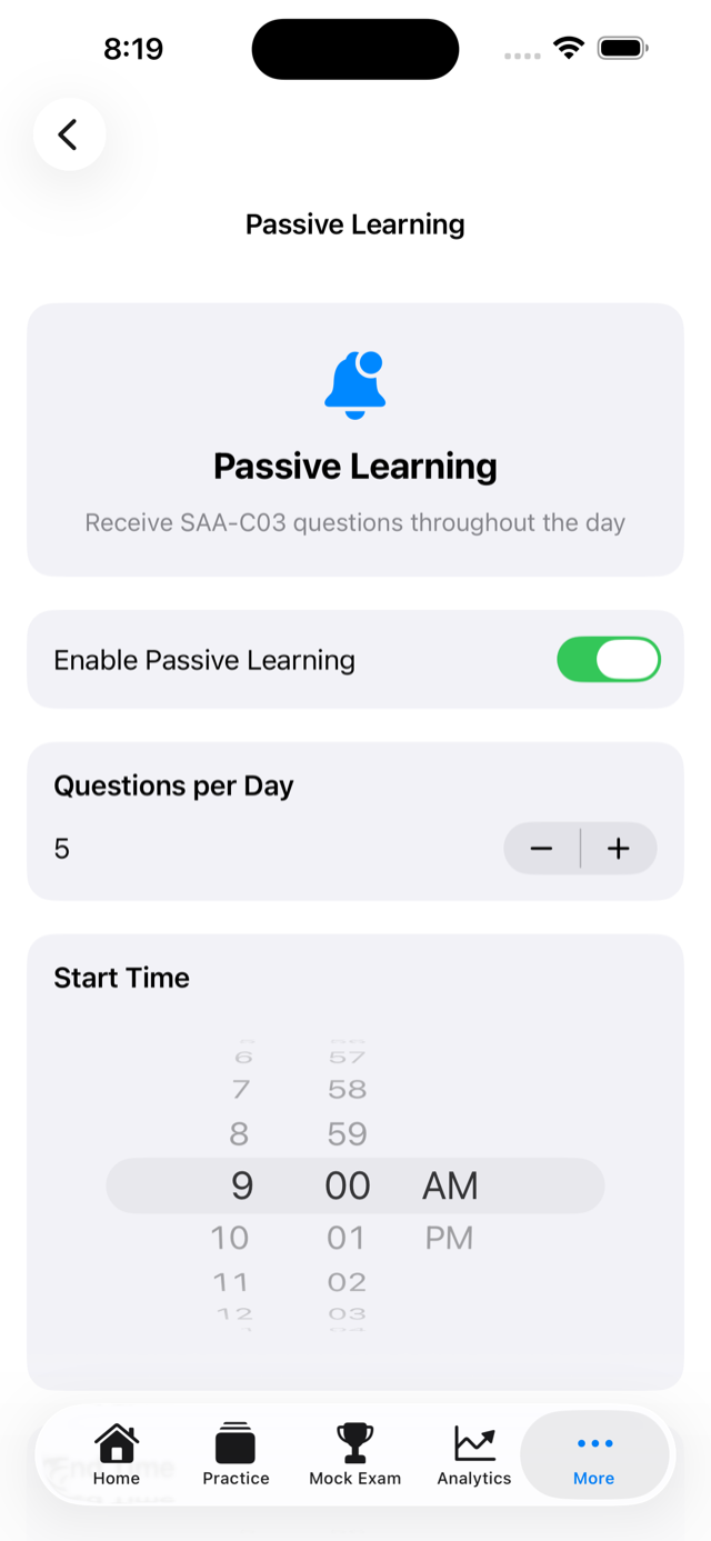 Passive learning configuration screen