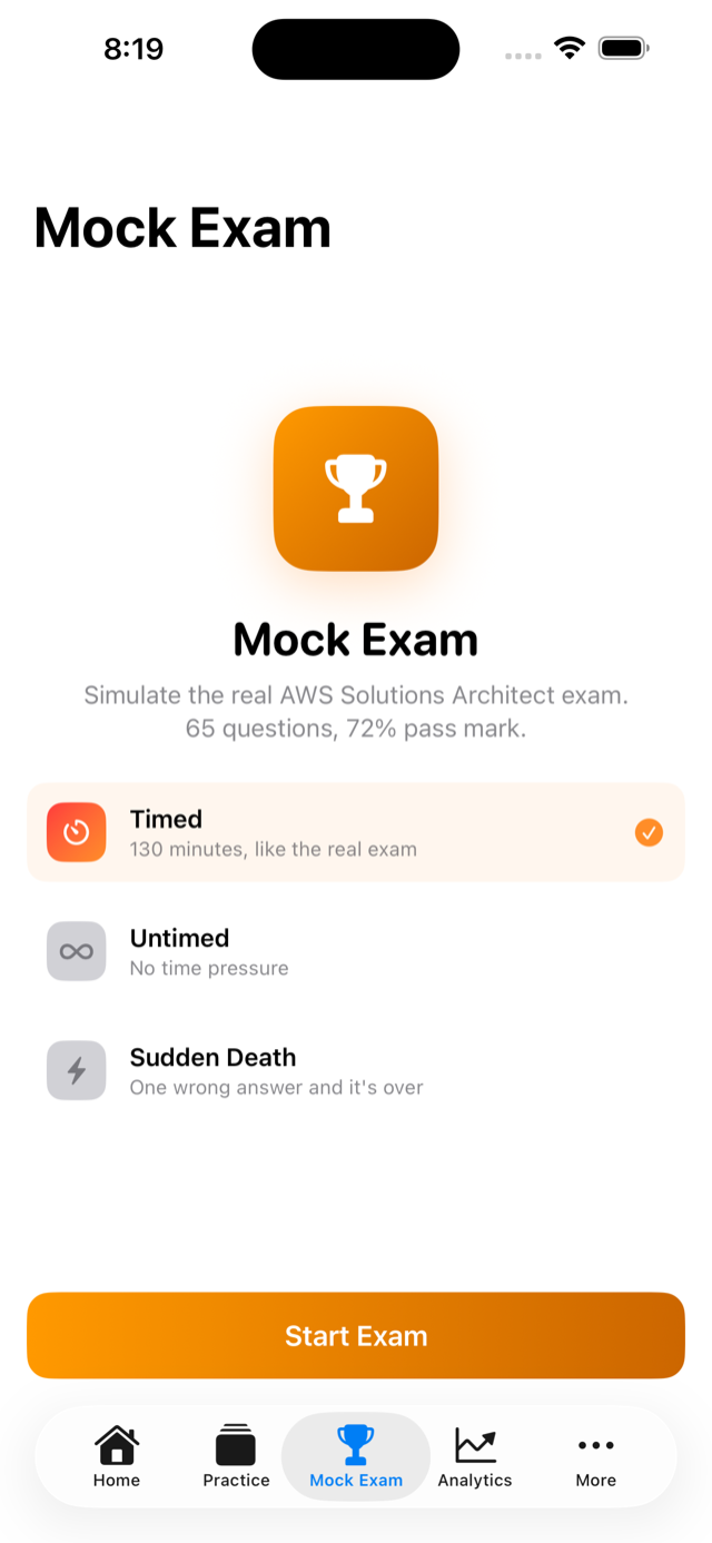 Mock exam configuration screen with three exam modes