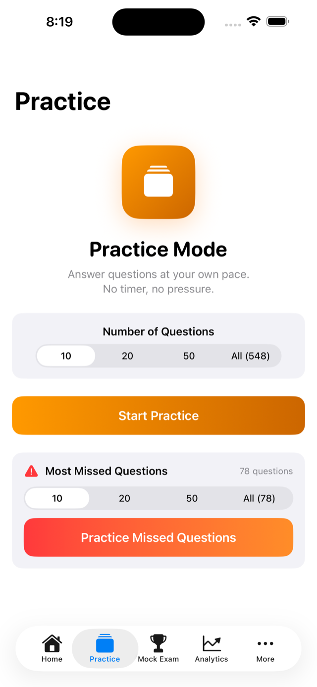 Practice mode screen with session configuration